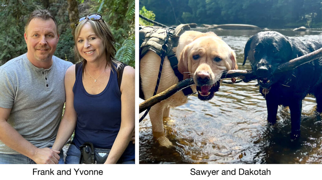 Frank, one of Litco's Load Securement Specialists, with Yvonne, his wife (left), as well as Sawyer and Dakota, their two dogs (right).