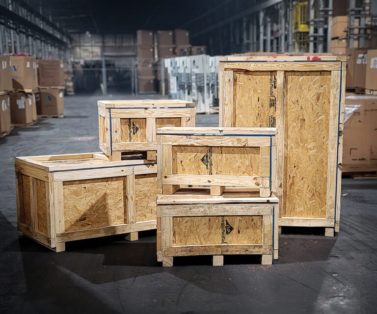 Multiple sizes of custom wooden shipping crates designed for diverse product applications.