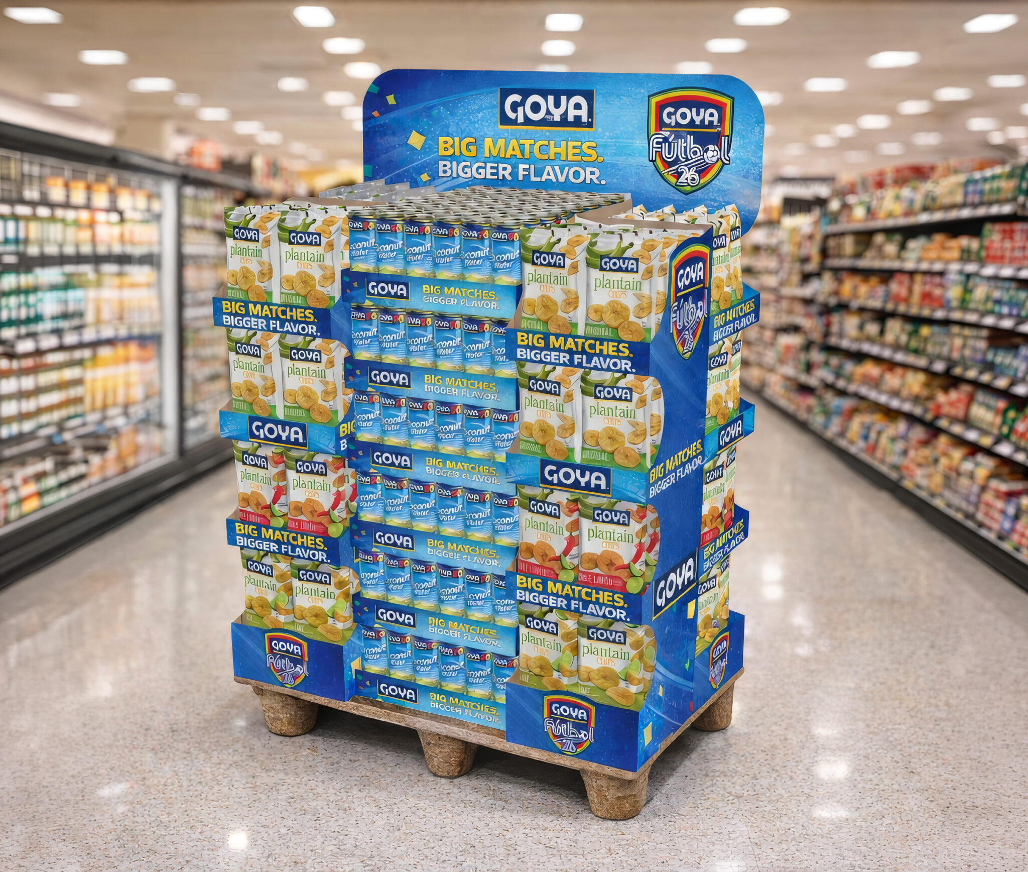 Durable pallets supporting retail POP display with clean uniform design
