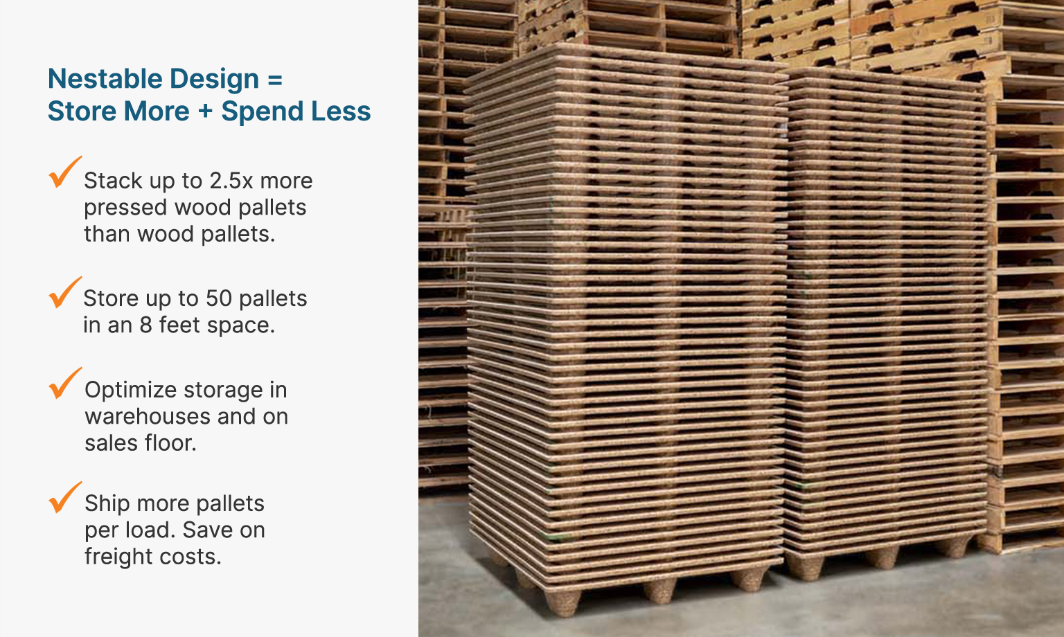 Nestable durable pallets stacked for space saving warehouse efficiency