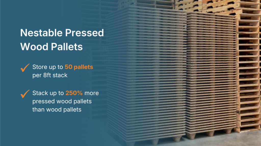 Nestable pressed wood pallets designed to reduce shipping costs and lower carbon emissions