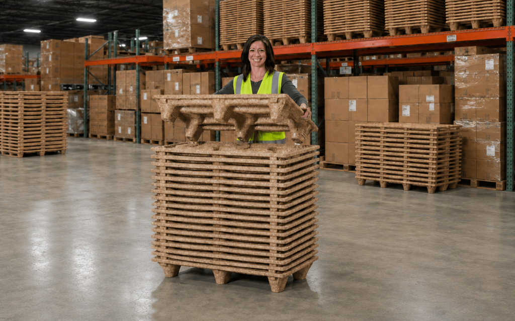 lightweight Litco pressed wood pallet by hand from a nested stack in a distribution center.