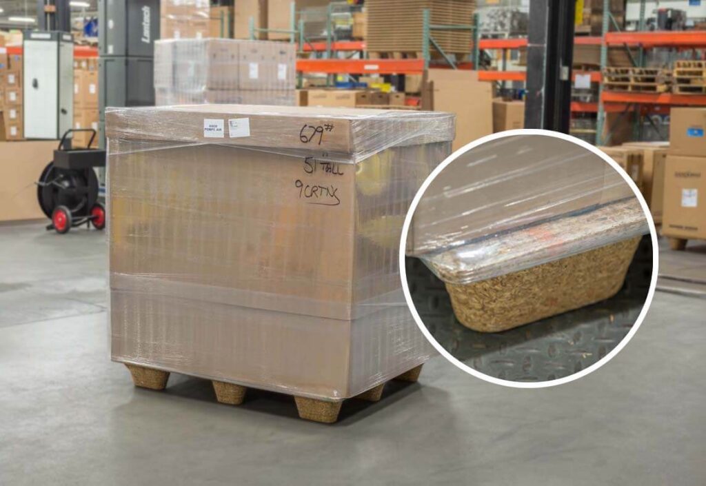 Shrink-wrapped unit load on a Litco INCA pressed wood pallet, with an inset showing a rounded deck edge and tapered leg.