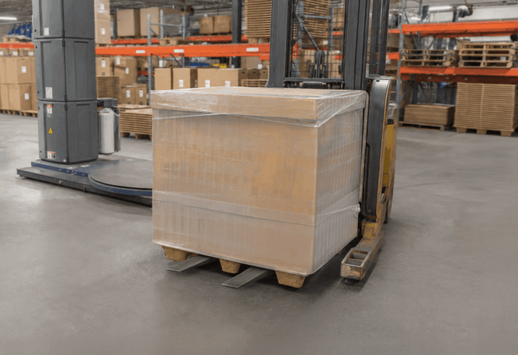 Forklift carrying a shrink-wrapped unit load on a Litco pressed wood pallet in a warehouse.