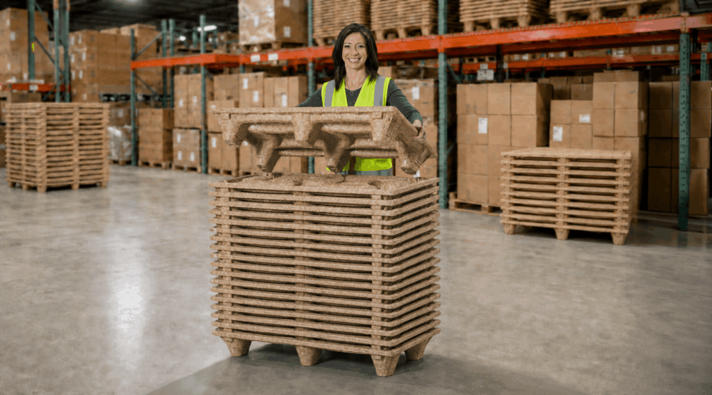 Warehouse worker safely lifting a lightweight Litco pressed wood pallet by hand from a nested stack in a distribution center.