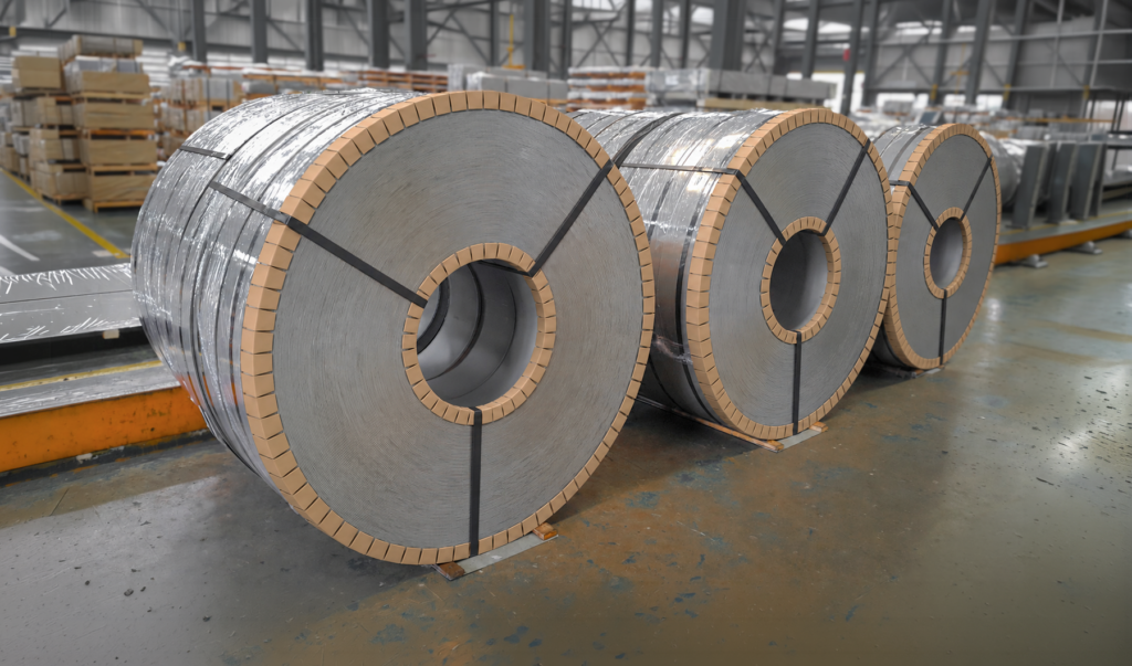 Flexible corner board protecting the inner and outer diameters of steel rolls in a warehouse.